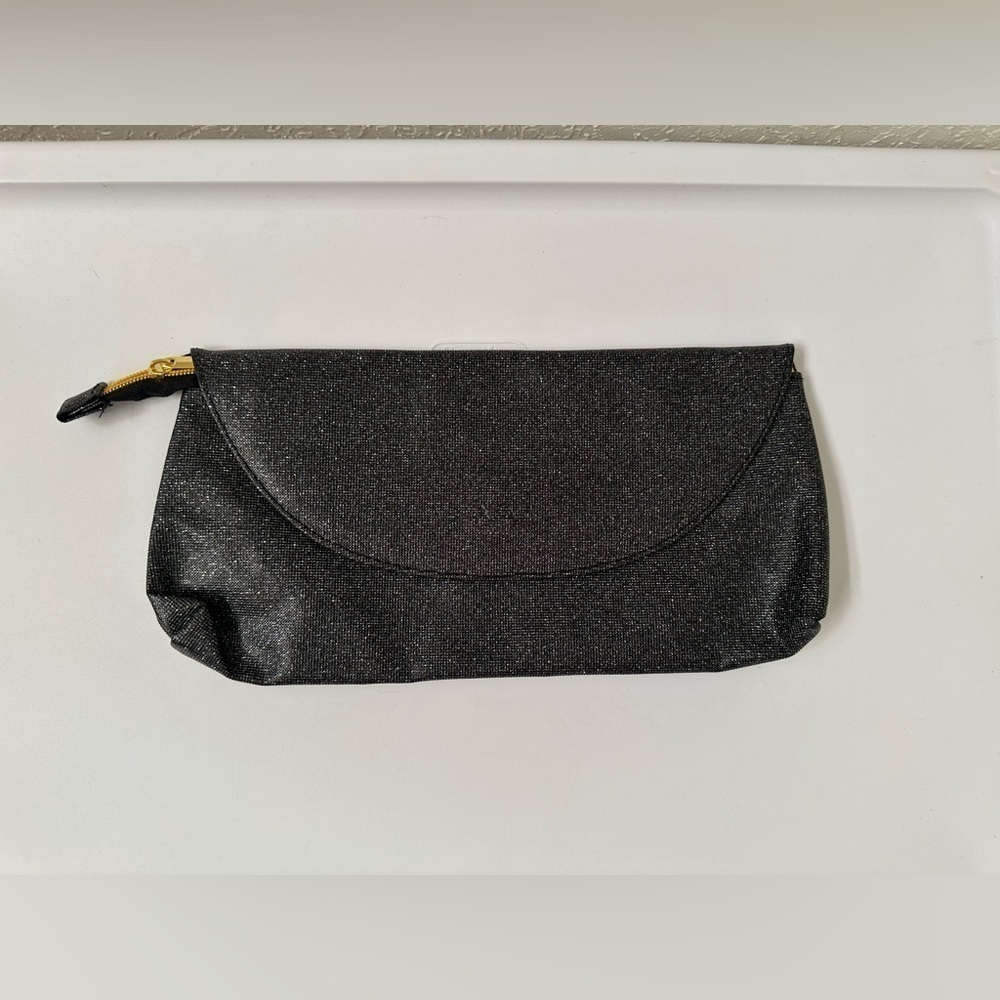 Black Shimmer Glitter Evening Clutch Bag Gold Metallic Lining Zip Closure